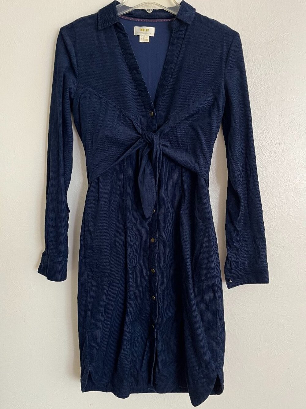 Anthropologie Maeve Winchester Blue Corduroy Tie-Front Midi Button Dress Size 4